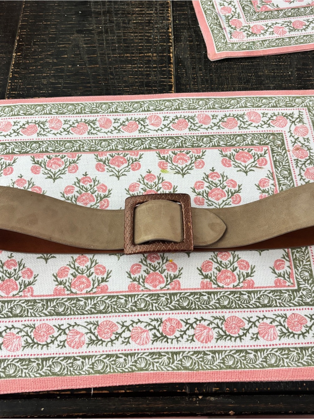 Ralph Lauren Taupe Suede Belt with Brown Leather-Wrapped Buckle